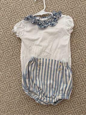 Pepa London White Top & Blue Stripe Bloomer Set with Floral Collar